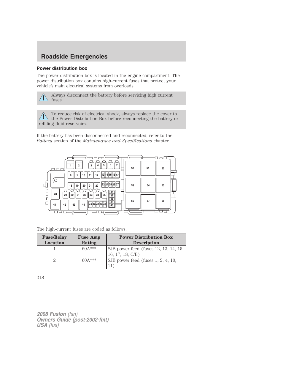 Power distribution box, Roadside emergencies | FORD 2008 Fusion User Manual | Page 218 / 304