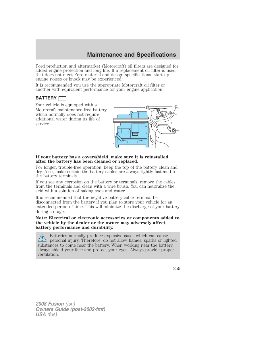 Battery, Maintenance and specifications | FORD 2008 Fusion User Manual | Page 259 / 304