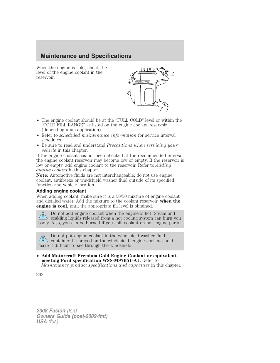 Adding engine coolant, Maintenance and specifications | FORD 2008 Fusion User Manual | Page 262 / 304