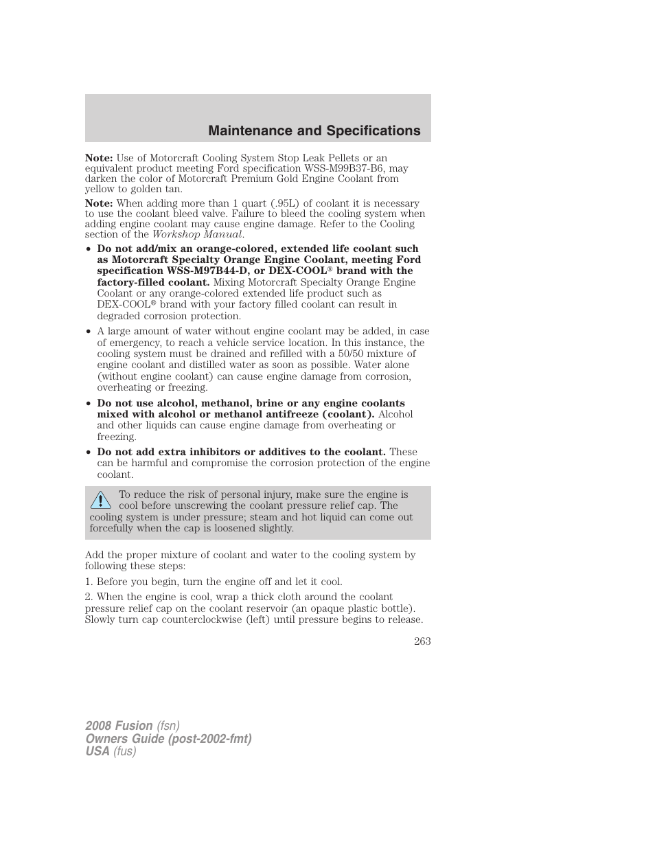 Maintenance and specifications | FORD 2008 Fusion User Manual | Page 263 / 304