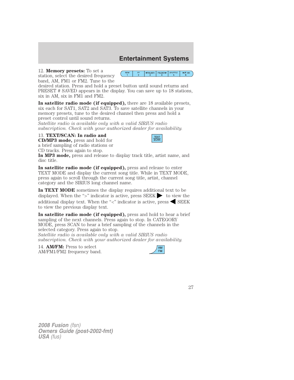 Entertainment systems | FORD 2008 Fusion User Manual | Page 27 / 304