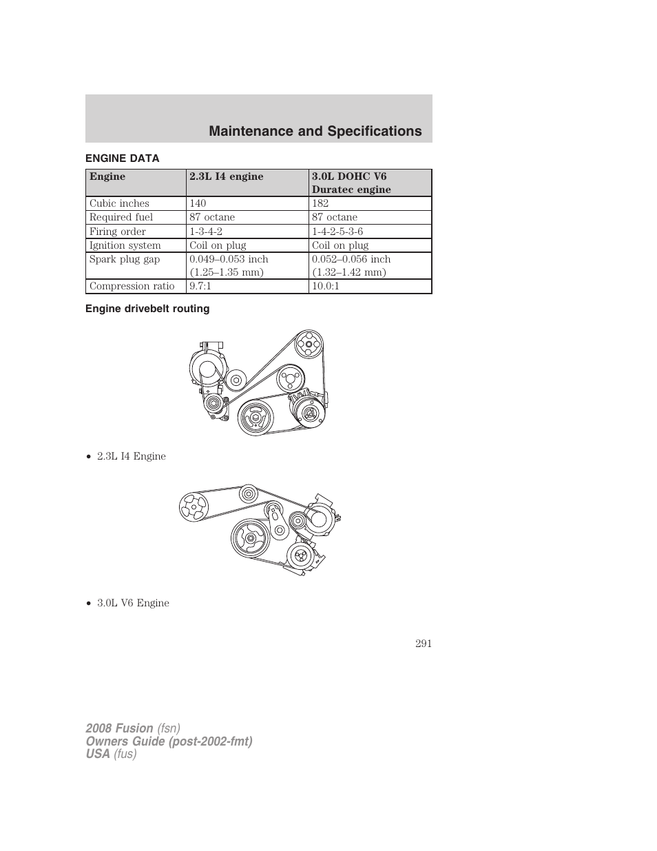 Engine data, Engine drivebelt routing, Maintenance and specifications | FORD 2008 Fusion User Manual | Page 291 / 304