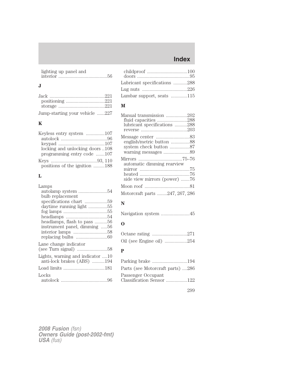 Index | FORD 2008 Fusion User Manual | Page 299 / 304