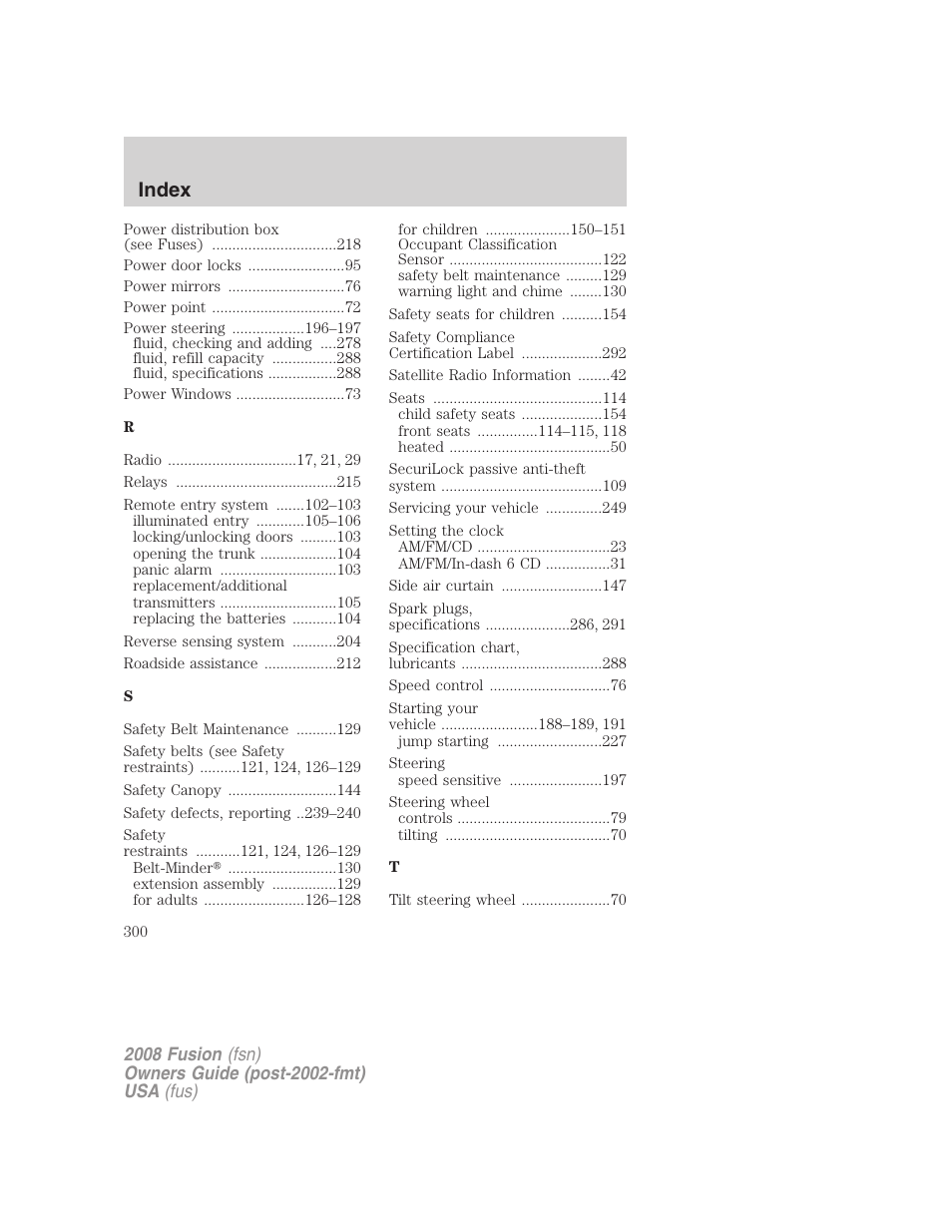 Index | FORD 2008 Fusion User Manual | Page 300 / 304