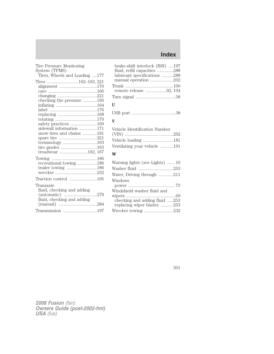 Index | FORD 2008 Fusion User Manual | Page 301 / 304