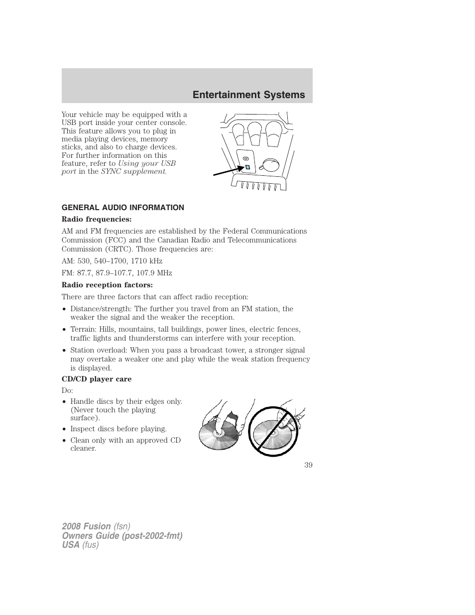General audio information, Entertainment systems | FORD 2008 Fusion User Manual | Page 39 / 304