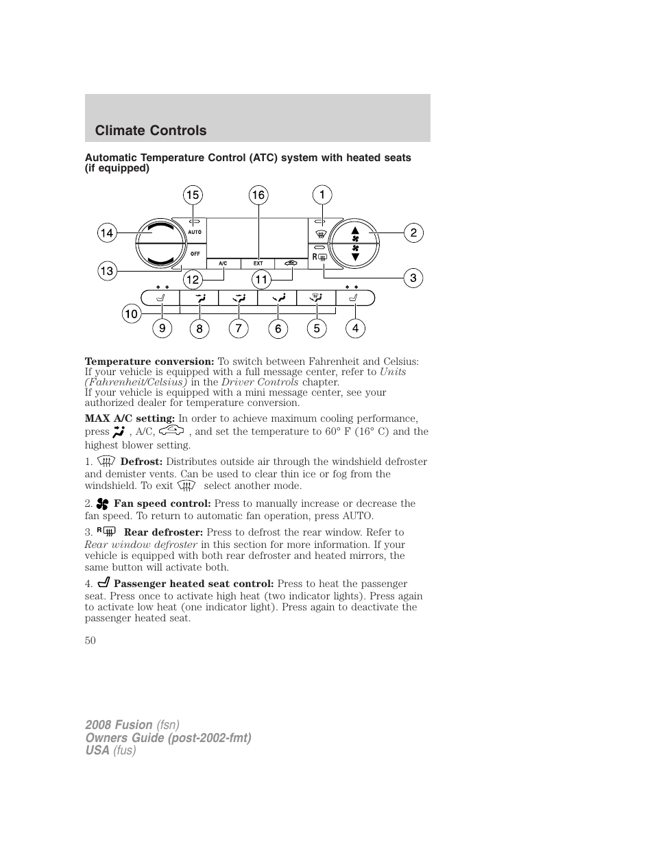 Climate controls | FORD 2008 Fusion User Manual | Page 50 / 304