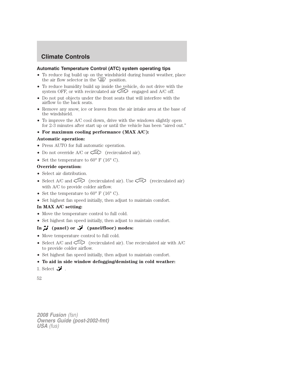 Climate controls | FORD 2008 Fusion User Manual | Page 52 / 304