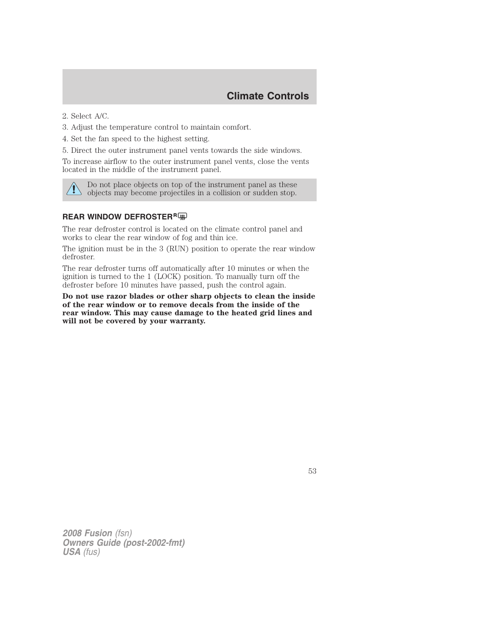 Rear window defroster, Climate controls | FORD 2008 Fusion User Manual | Page 53 / 304