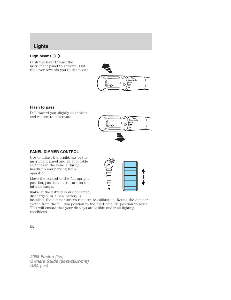 High beams, Flash to pass, Panel dimmer control | Lights | FORD 2008 Fusion User Manual | Page 56 / 304