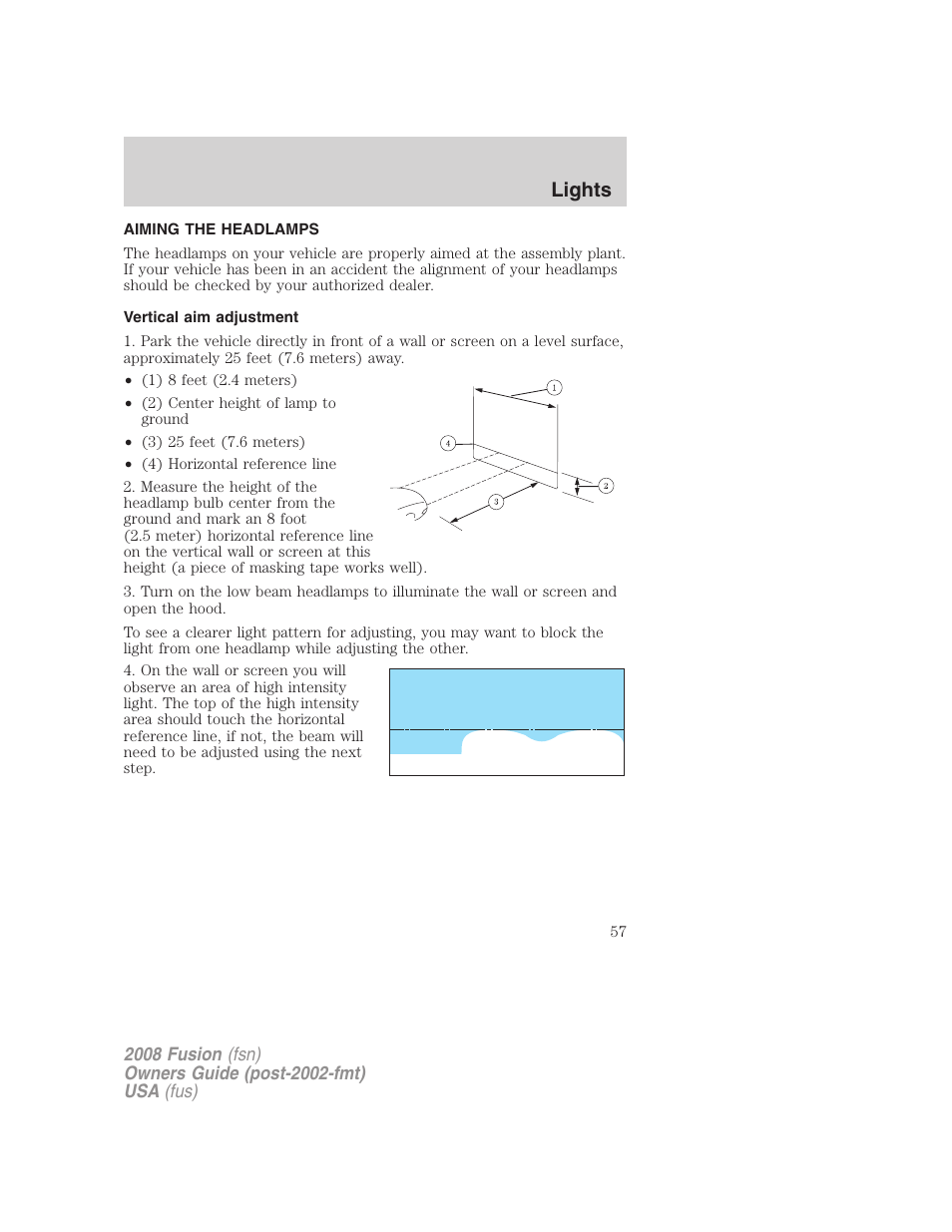 Aiming the headlamps, Vertical aim adjustment, Lights | FORD 2008 Fusion User Manual | Page 57 / 304