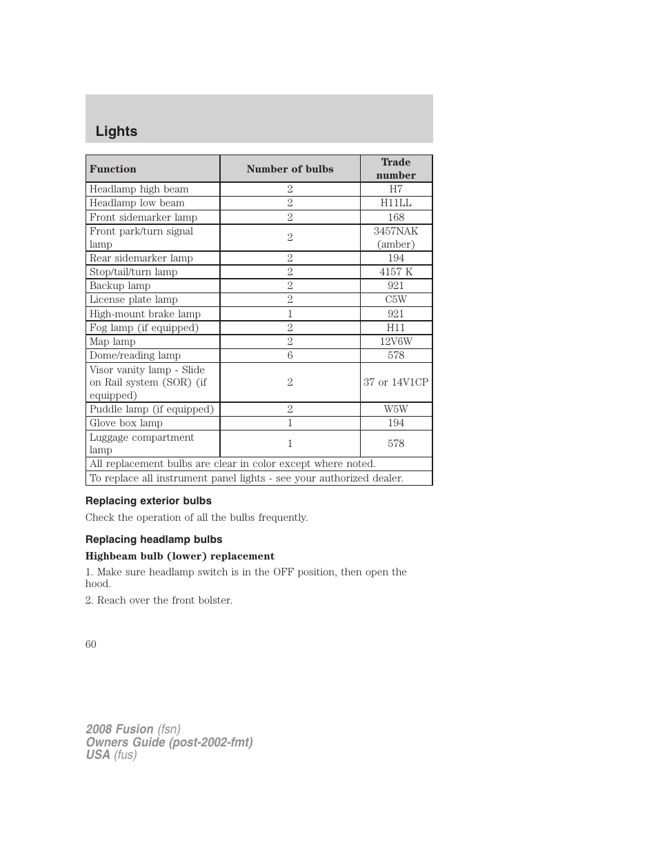 Replacing exterior bulbs, Replacing headlamp bulbs, Lights | FORD 2008 Fusion User Manual | Page 60 / 304