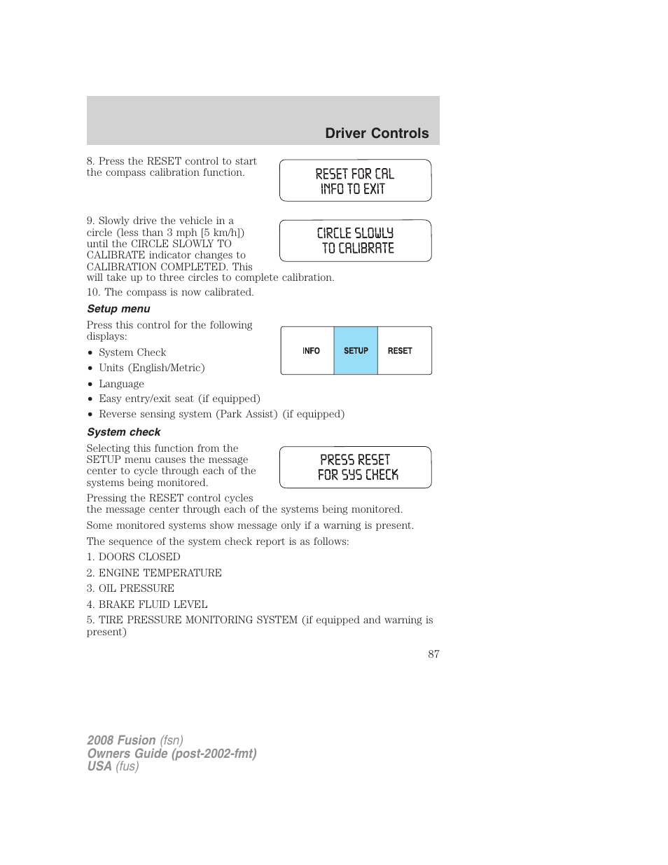 Setup menu, System check, Driver controls | FORD 2008 Fusion User Manual | Page 87 / 304
