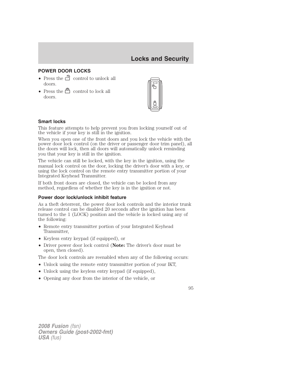 Power door locks, Smart locks, Power door lock/unlock inhibit feature | Locks, Locks and security | FORD 2008 Fusion User Manual | Page 95 / 304