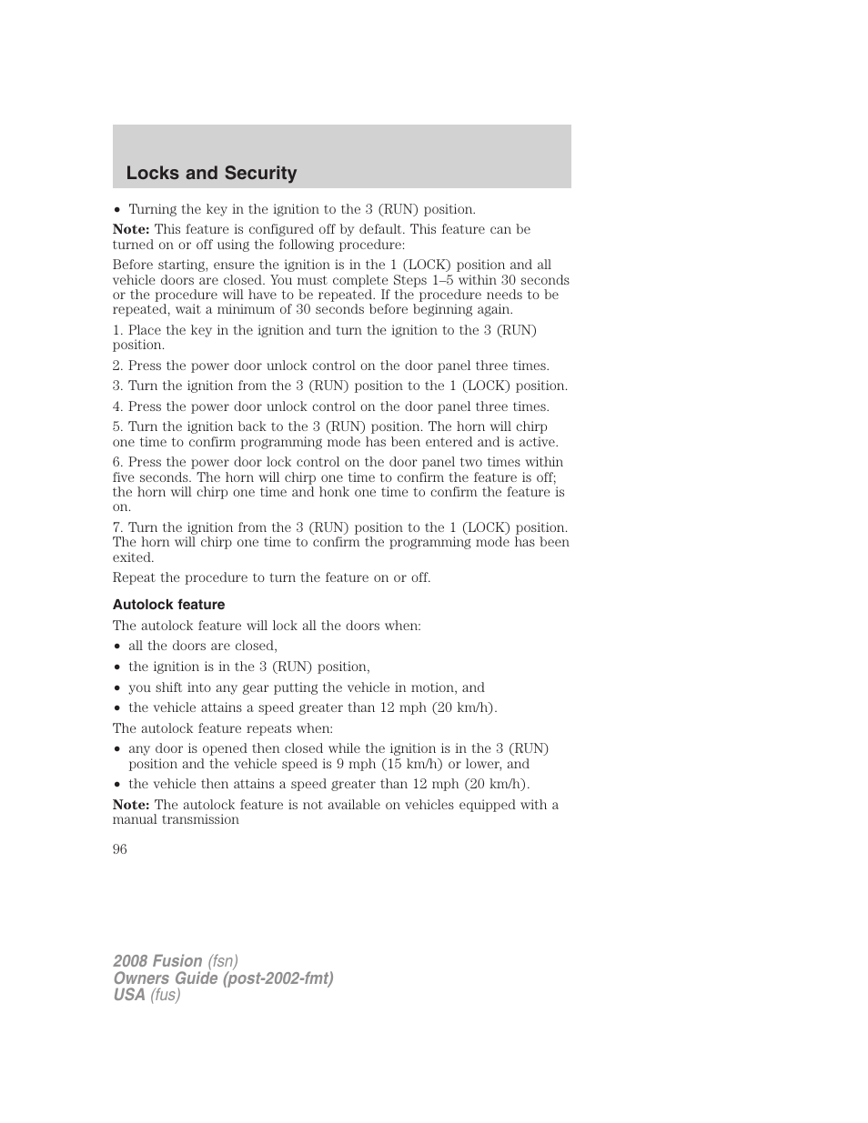 Autolock feature, Locks and security | FORD 2008 Fusion User Manual | Page 96 / 304