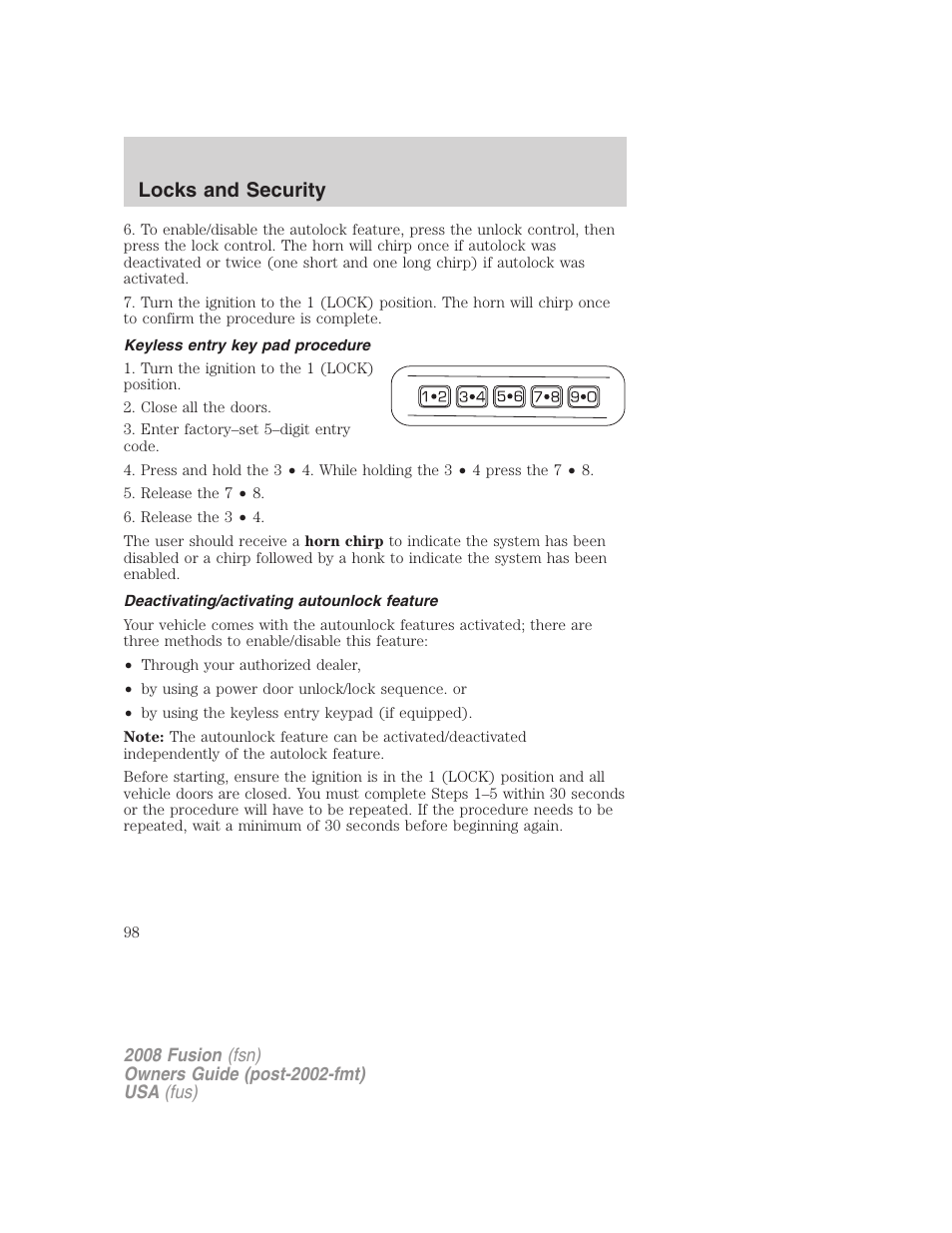 Keyless entry key pad procedure, Deactivating/activating autounlock feature, Locks and security | FORD 2008 Fusion User Manual | Page 98 / 304