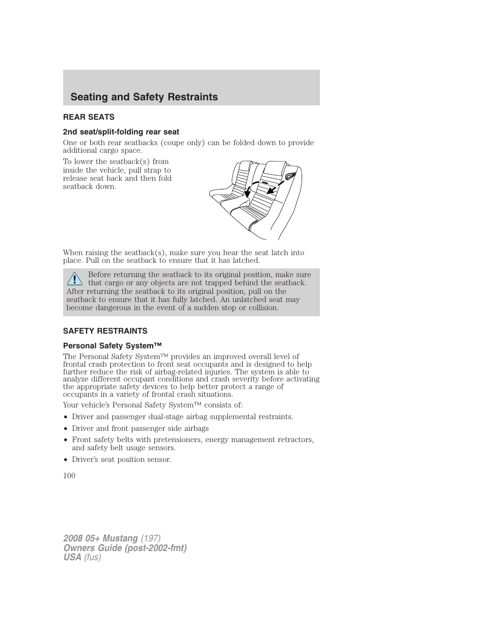 Rear seats, 2nd seat/split-folding rear seat, Safety restraints | Personal safety system, Seating and safety restraints | FORD 2008 Mustang v.1 User Manual | Page 100 / 280