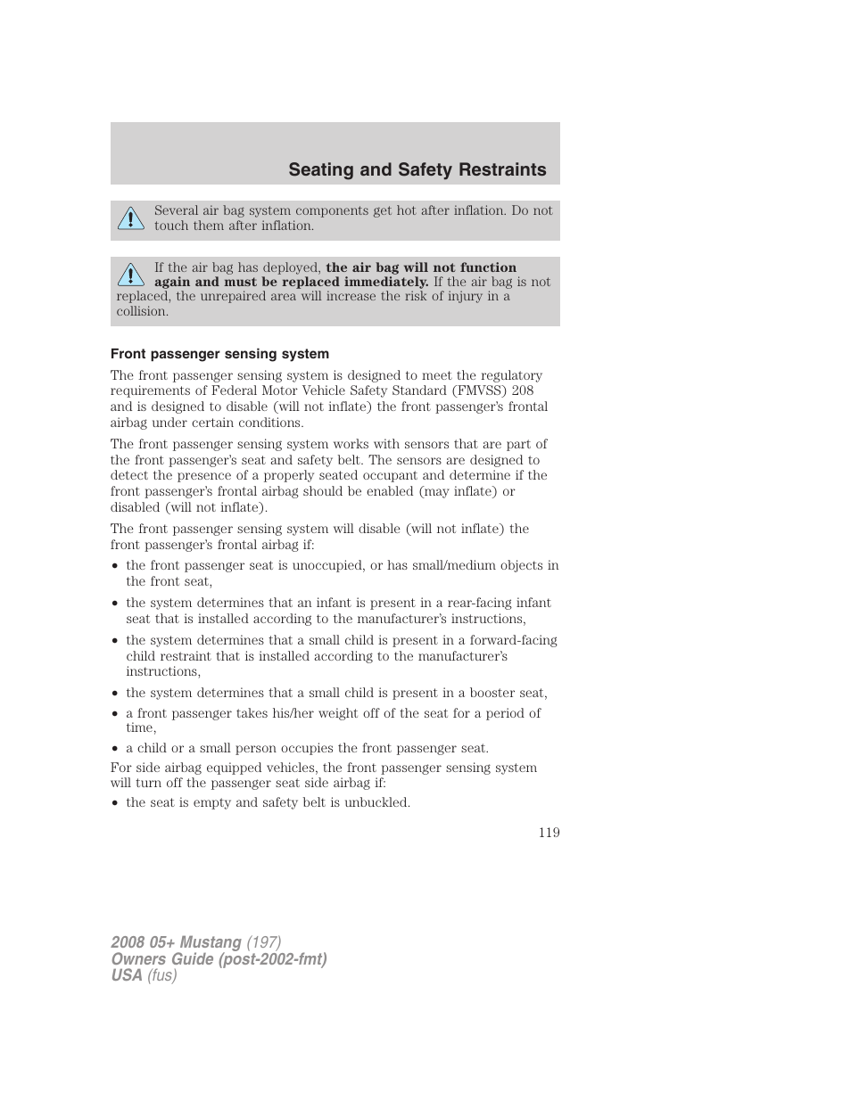 Front passenger sensing system, Seating and safety restraints | FORD 2008 Mustang v.1 User Manual | Page 119 / 280