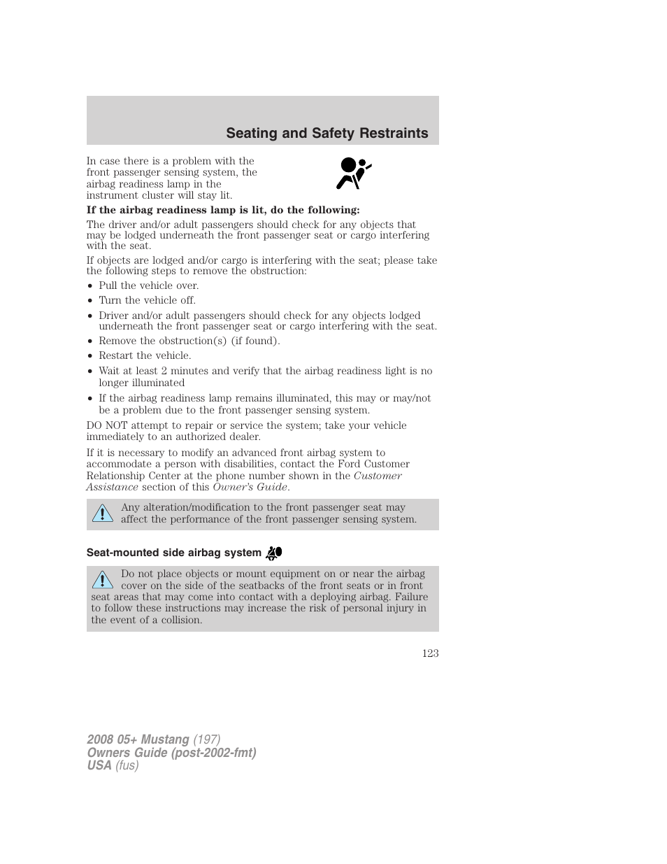 Seat-mounted side airbag system, Seating and safety restraints | FORD 2008 Mustang v.1 User Manual | Page 123 / 280