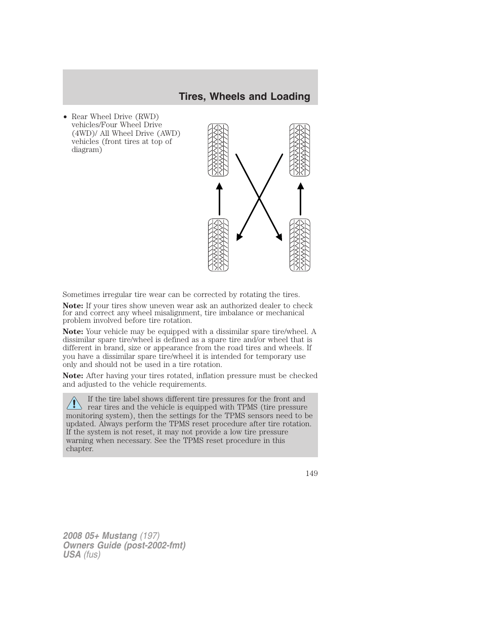 Tires, wheels and loading | FORD 2008 Mustang v.1 User Manual | Page 149 / 280