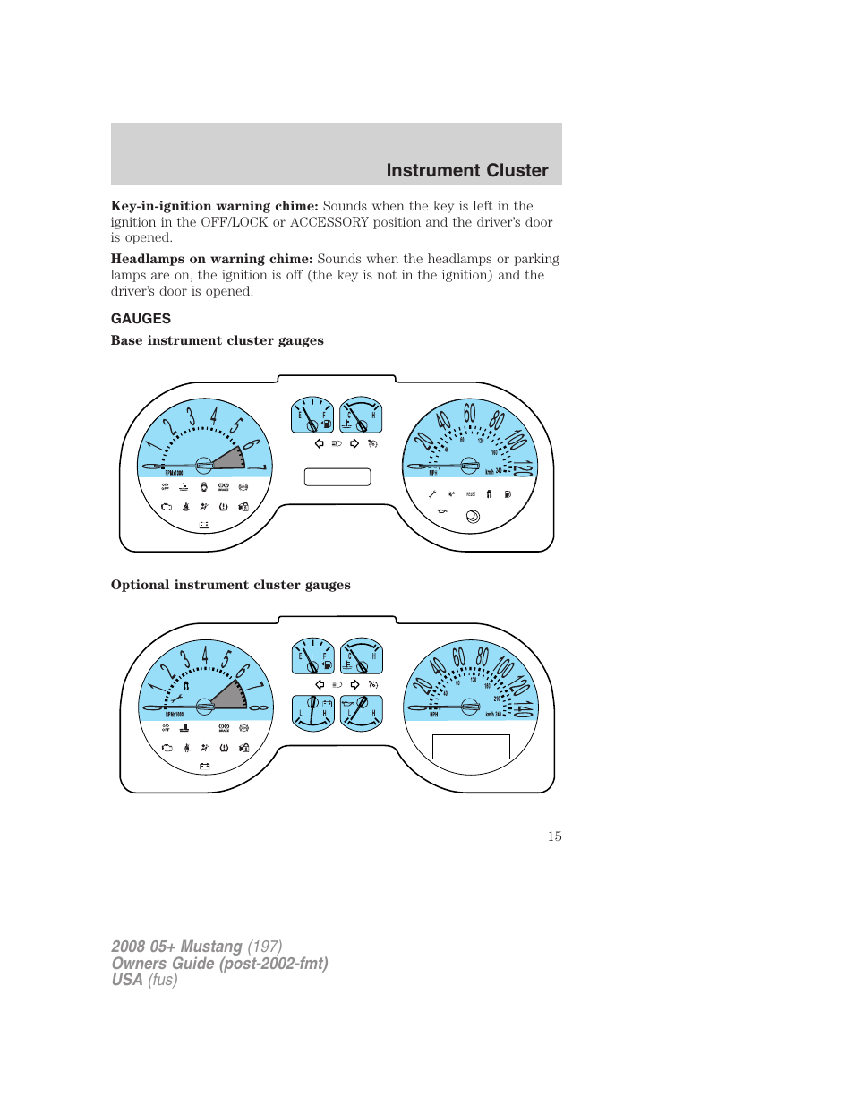 Gauges, Instrument cluster | FORD 2008 Mustang v.1 User Manual | Page 15 / 280