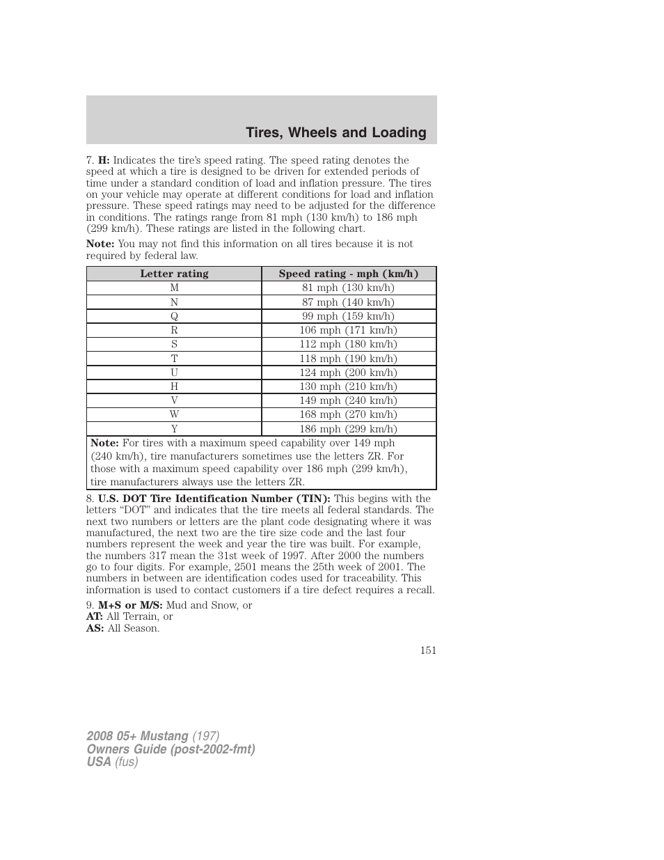 Tires, wheels and loading | FORD 2008 Mustang v.1 User Manual | Page 151 / 280