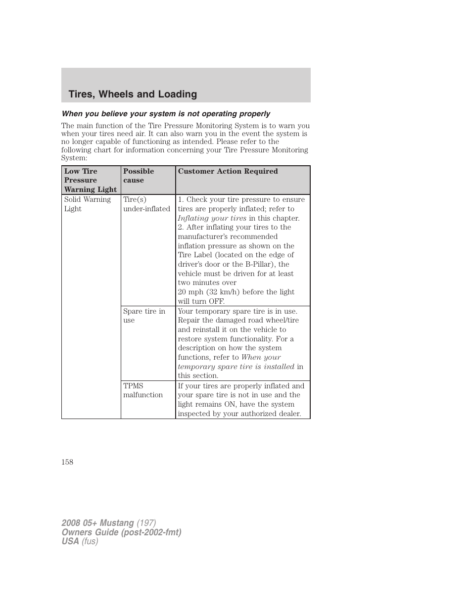 Tires, wheels and loading | FORD 2008 Mustang v.1 User Manual | Page 158 / 280