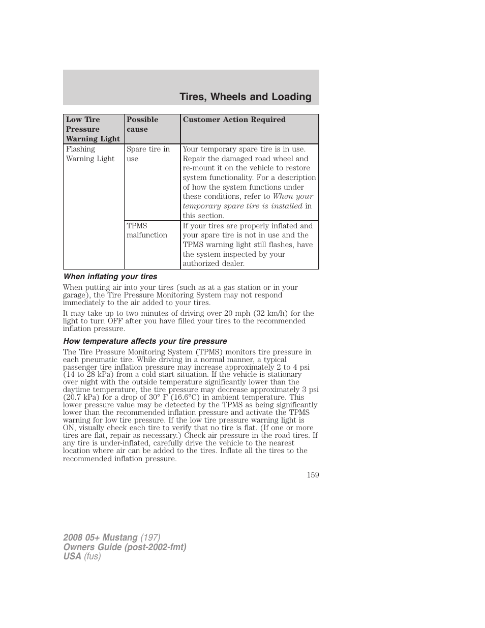 When inflating your tires, How temperature affects your tire pressure, Tires, wheels and loading | FORD 2008 Mustang v.1 User Manual | Page 159 / 280