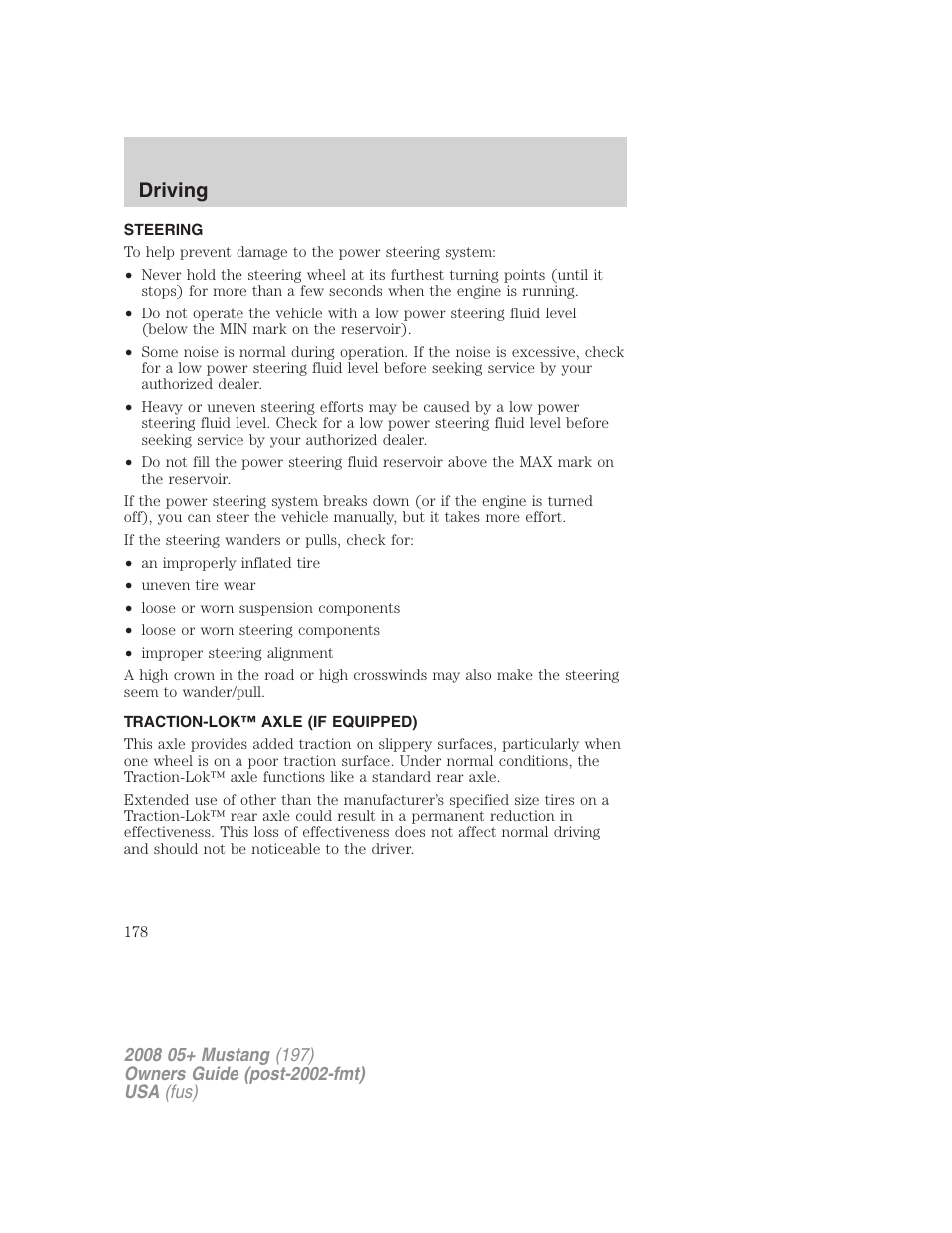 Steering, Traction-lok™ axle (if equipped), Driving | FORD 2008 Mustang v.1 User Manual | Page 178 / 280