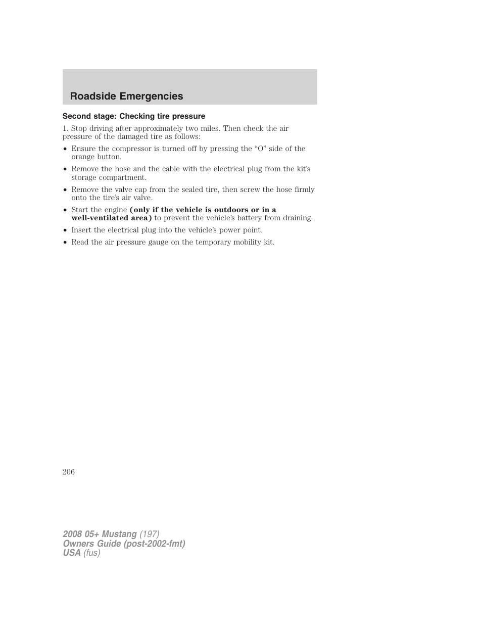 Second stage: checking tire pressure, Roadside emergencies | FORD 2008 Mustang v.1 User Manual | Page 206 / 280