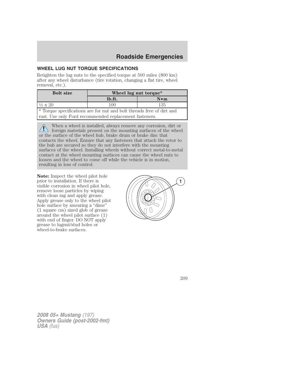 Wheel lug nut torque specifications, Lug nut torque, Roadside emergencies | FORD 2008 Mustang v.1 User Manual | Page 209 / 280