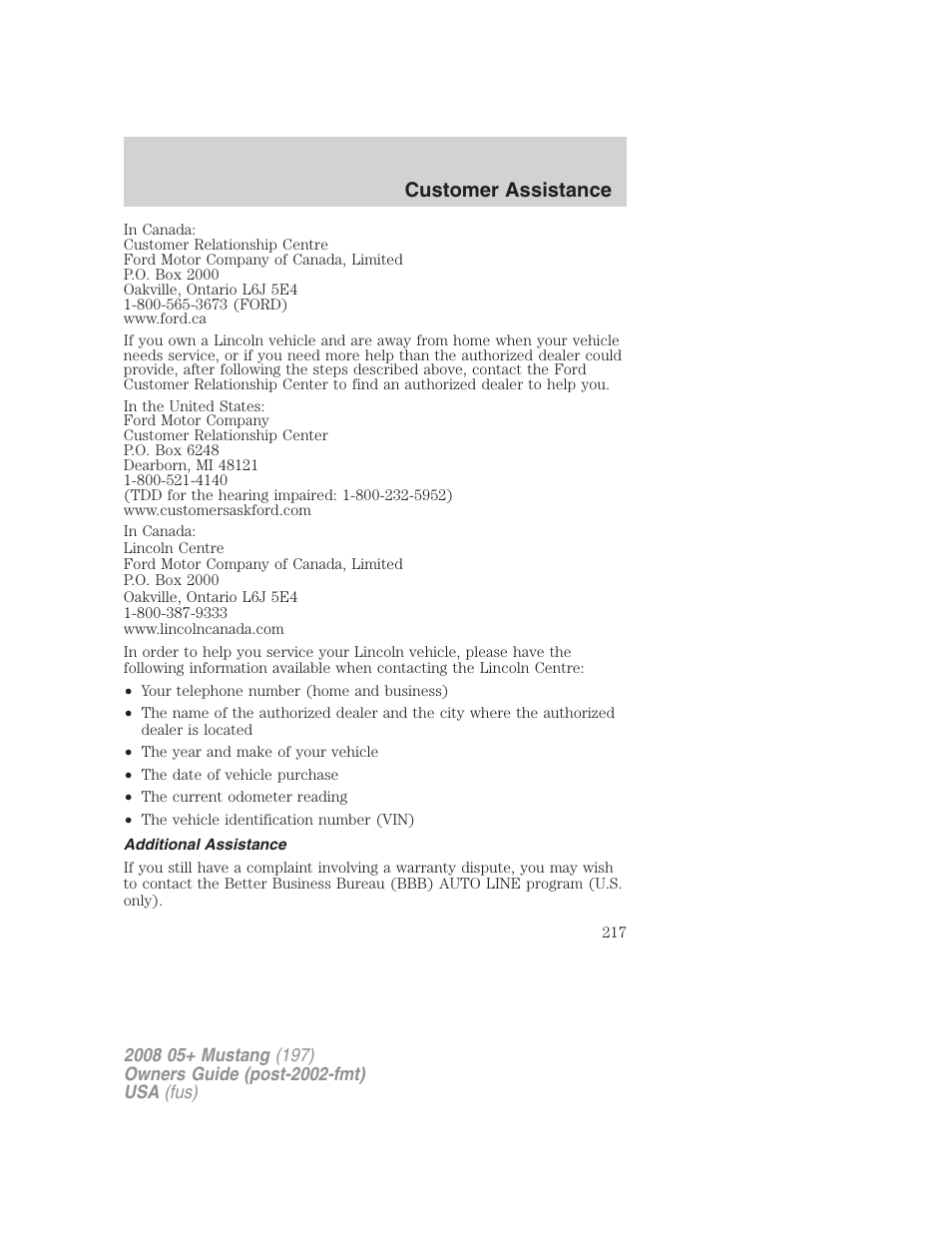 Additional assistance, Customer assistance | FORD 2008 Mustang v.1 User Manual | Page 217 / 280