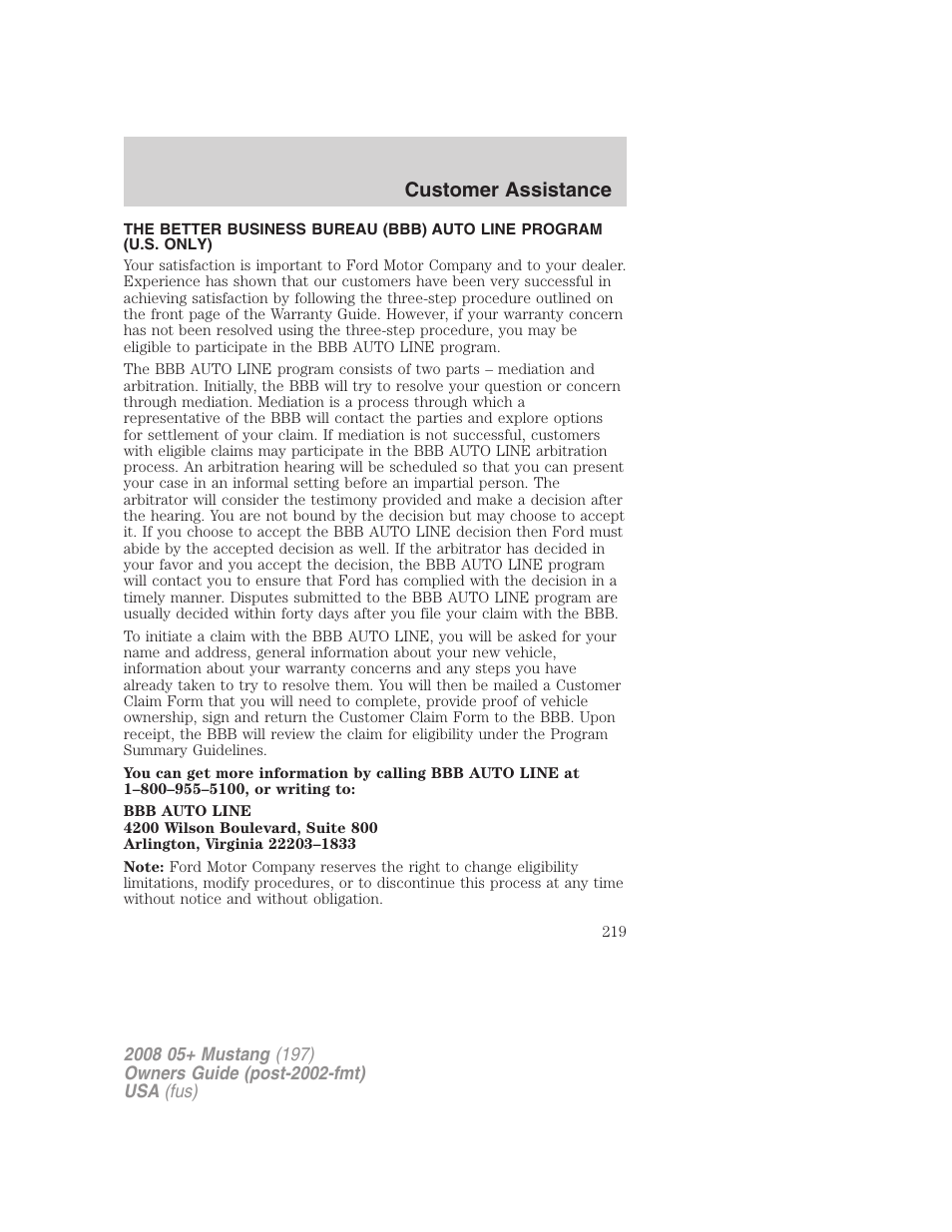 Customer assistance | FORD 2008 Mustang v.1 User Manual | Page 219 / 280