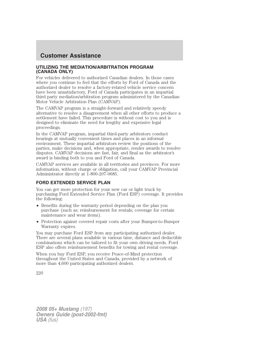 Ford extended service plan, Customer assistance | FORD 2008 Mustang v.1 User Manual | Page 220 / 280