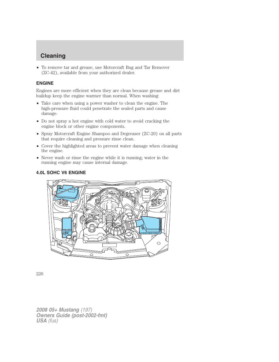 Engine, 0l sohc v6 engine, Cleaning | FORD 2008 Mustang v.1 User Manual | Page 226 / 280