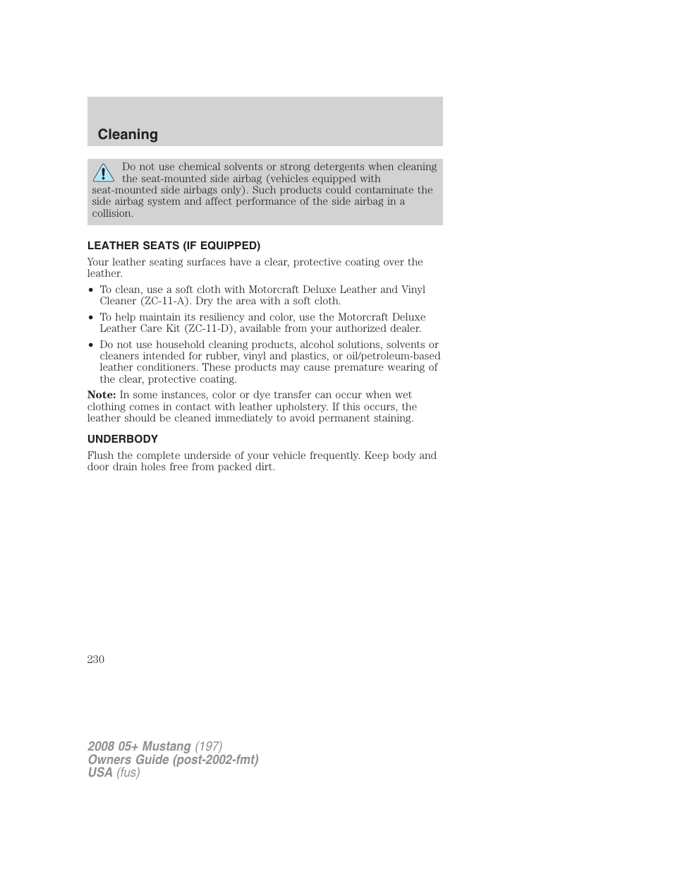 Leather seats (if equipped), Underbody, Cleaning | FORD 2008 Mustang v.1 User Manual | Page 230 / 280