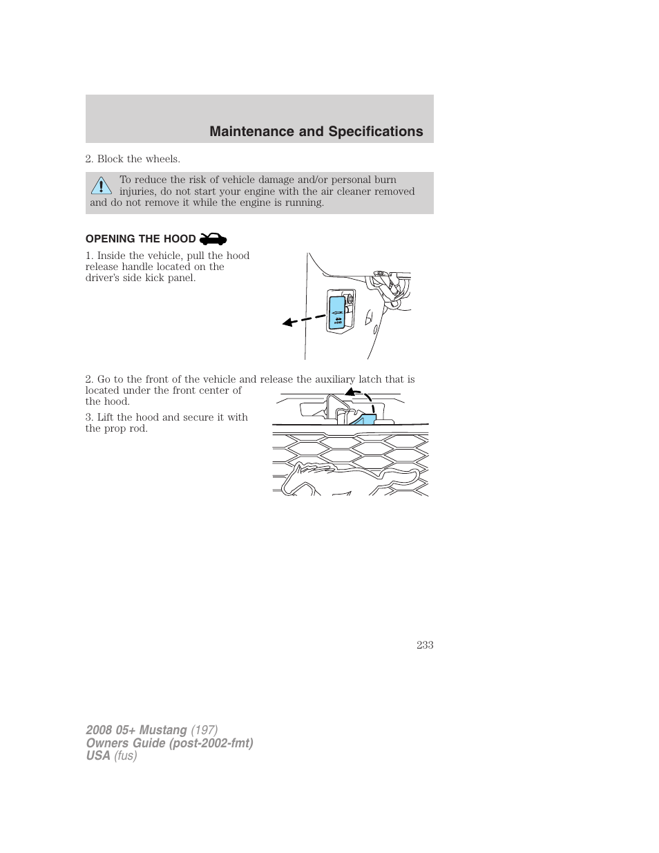 Opening the hood, Maintenance and specifications | FORD 2008 Mustang v.1 User Manual | Page 233 / 280