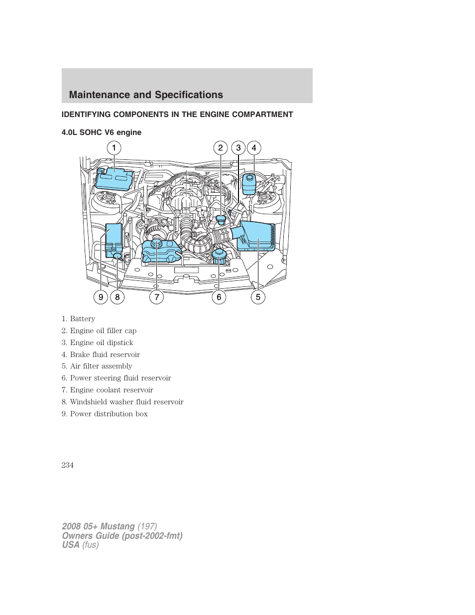 Identifying components in the engine compartment, 0l sohc v6 engine, Engine compartment | Maintenance and specifications | FORD 2008 Mustang v.1 User Manual | Page 234 / 280