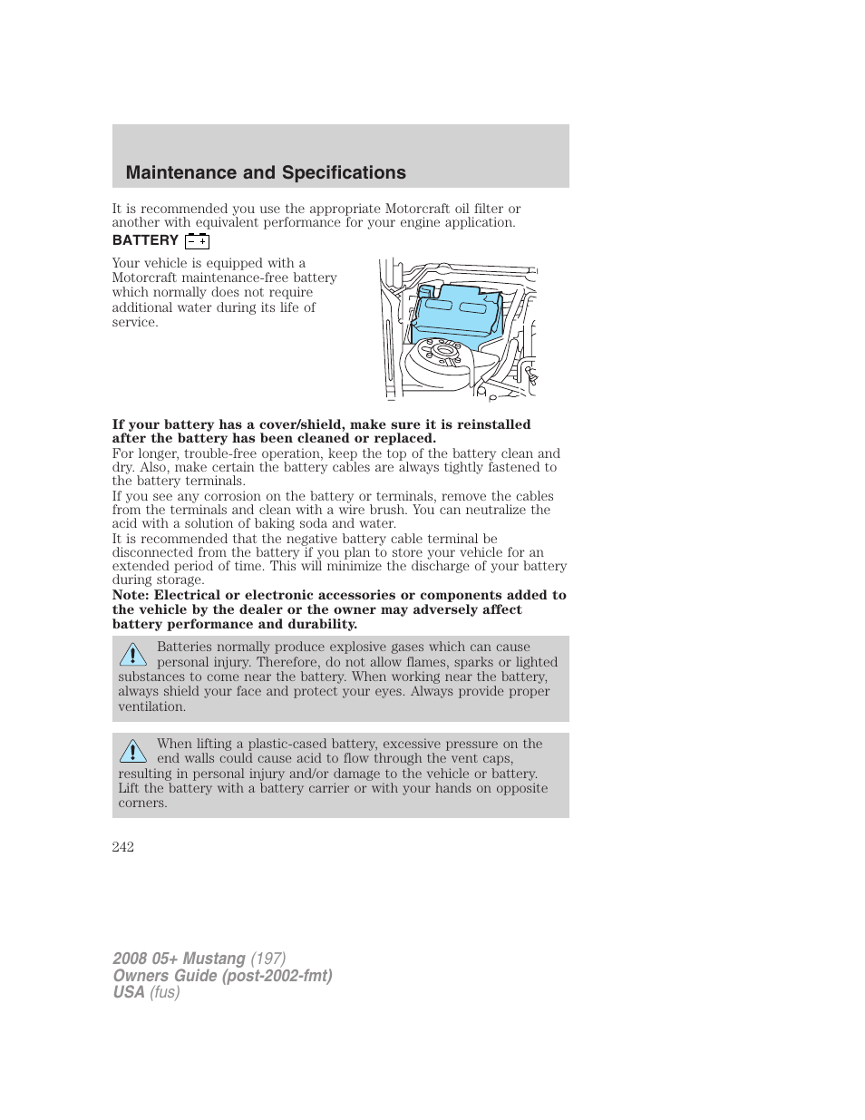 Battery, Maintenance and specifications | FORD 2008 Mustang v.1 User Manual | Page 242 / 280