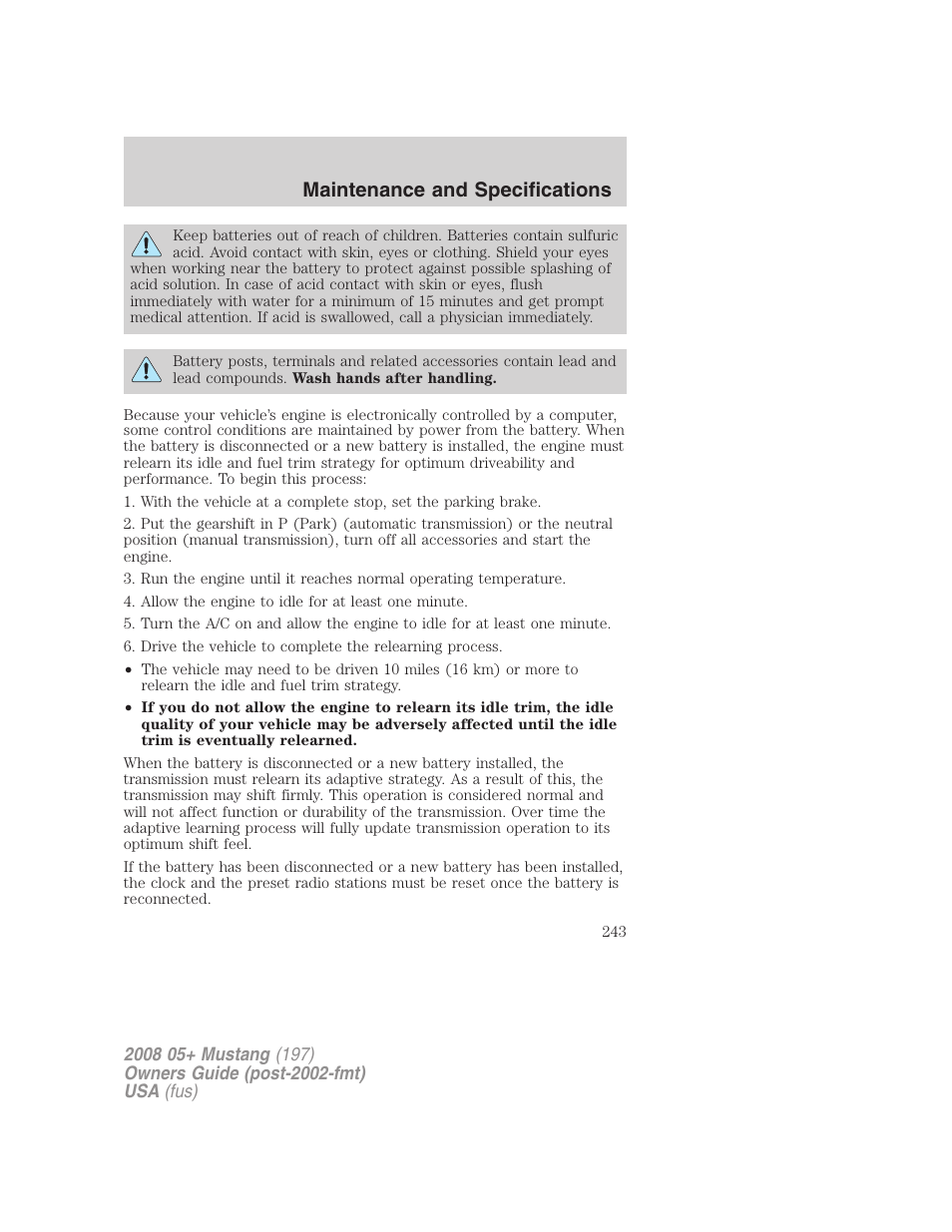 Maintenance and specifications | FORD 2008 Mustang v.1 User Manual | Page 243 / 280