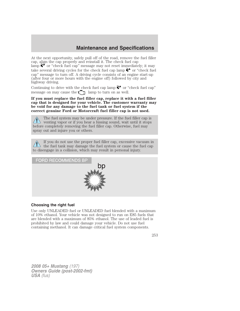 Choosing the right fuel, Maintenance and specifications | FORD 2008 Mustang v.1 User Manual | Page 253 / 280