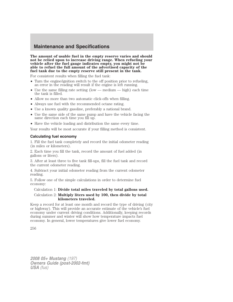 Calculating fuel economy, Maintenance and specifications | FORD 2008 Mustang v.1 User Manual | Page 256 / 280