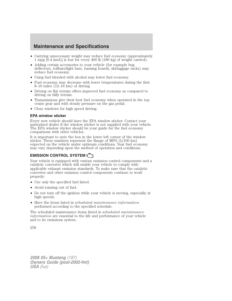 Epa window sticker, Emission control system, Maintenance and specifications | FORD 2008 Mustang v.1 User Manual | Page 258 / 280