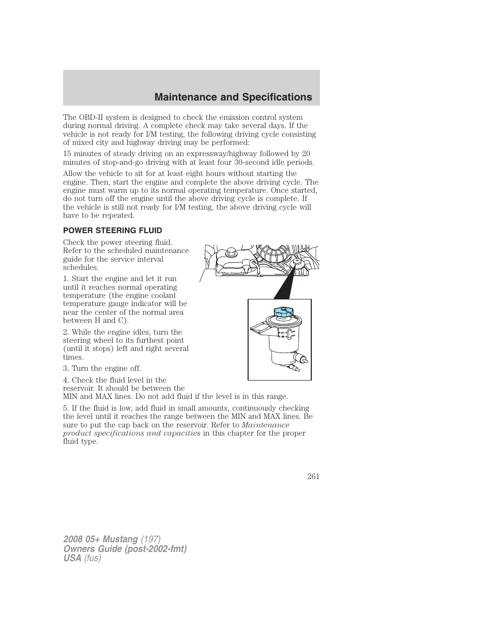 Power steering fluid, Maintenance and specifications | FORD 2008 Mustang v.1 User Manual | Page 261 / 280