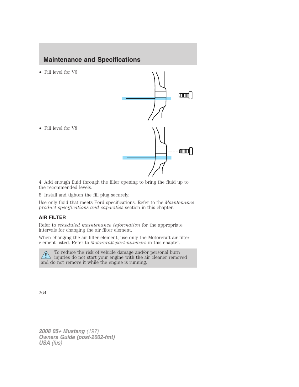 Air filter, Air filter(s), Maintenance and specifications | FORD 2008 Mustang v.1 User Manual | Page 264 / 280