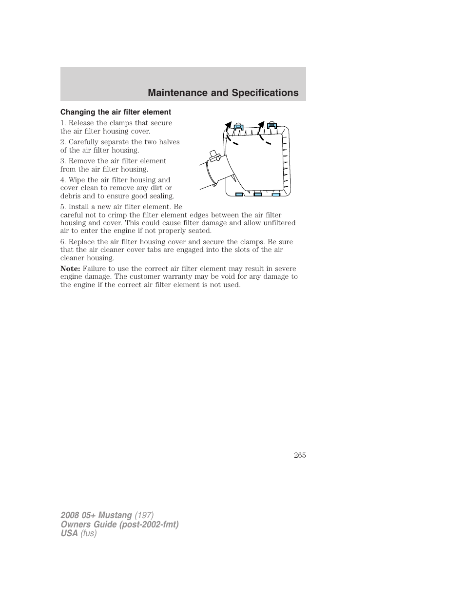 Changing the air filter element, Maintenance and specifications | FORD 2008 Mustang v.1 User Manual | Page 265 / 280
