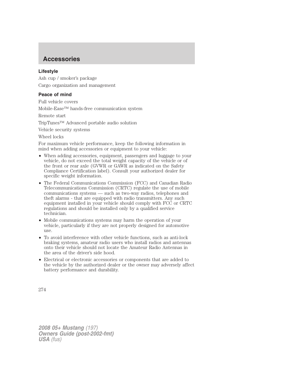 Lifestyle, Peace of mind, Accessories | FORD 2008 Mustang v.1 User Manual | Page 274 / 280
