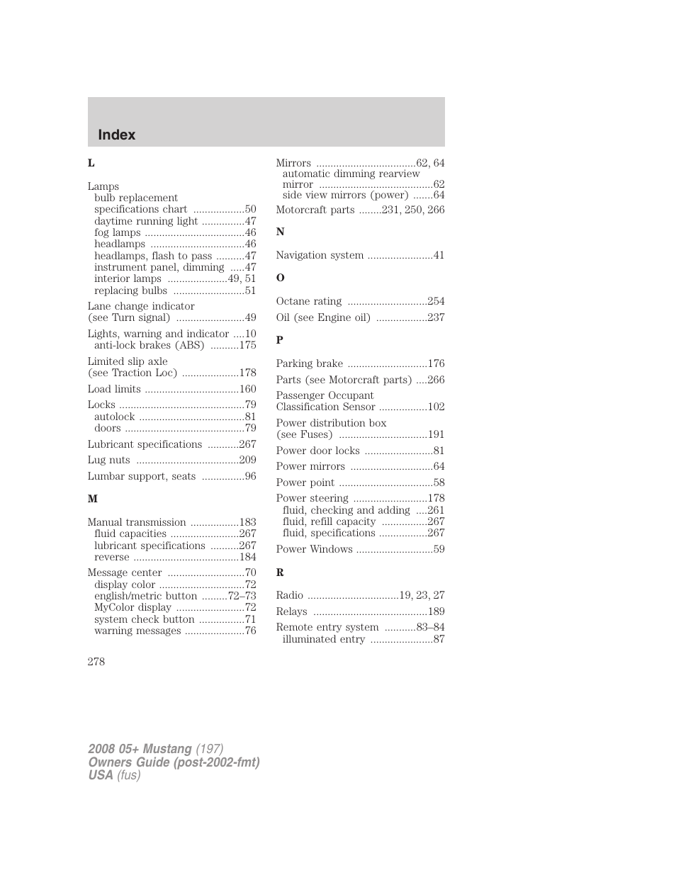 Index | FORD 2008 Mustang v.1 User Manual | Page 278 / 280