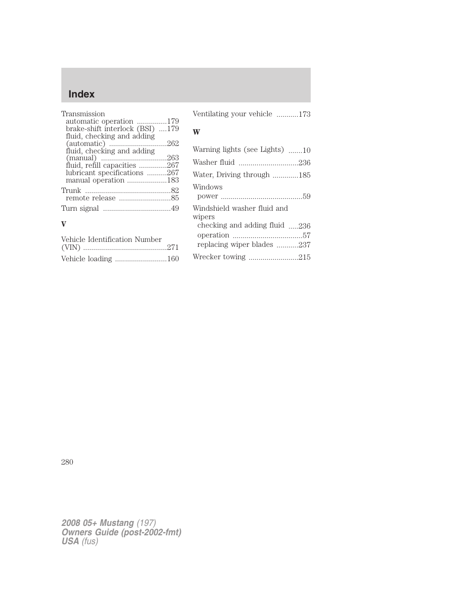 Index | FORD 2008 Mustang v.1 User Manual | Page 280 / 280