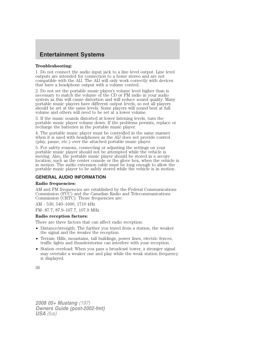 General audio information, Entertainment systems | FORD 2008 Mustang v.1 User Manual | Page 36 / 280
